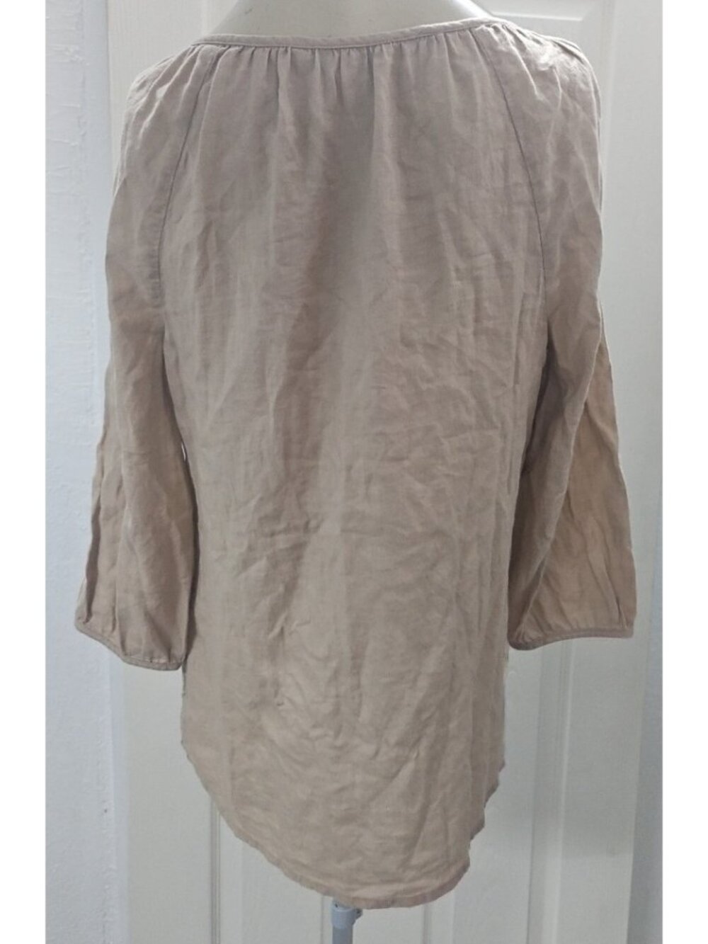 Old Navy Boho Peasant Blouse Medium Beige Embroidered Tie Neck Cottagecore Top - Picture 4 of 10